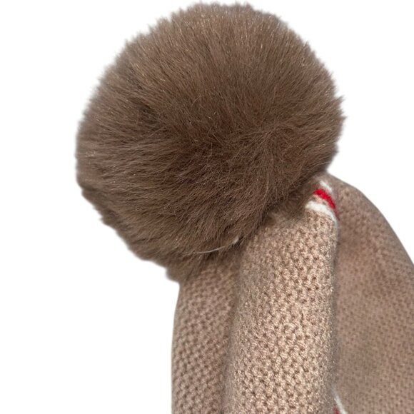 khaki red white stripe fur pom pom knit snow winter cap hat main image 5